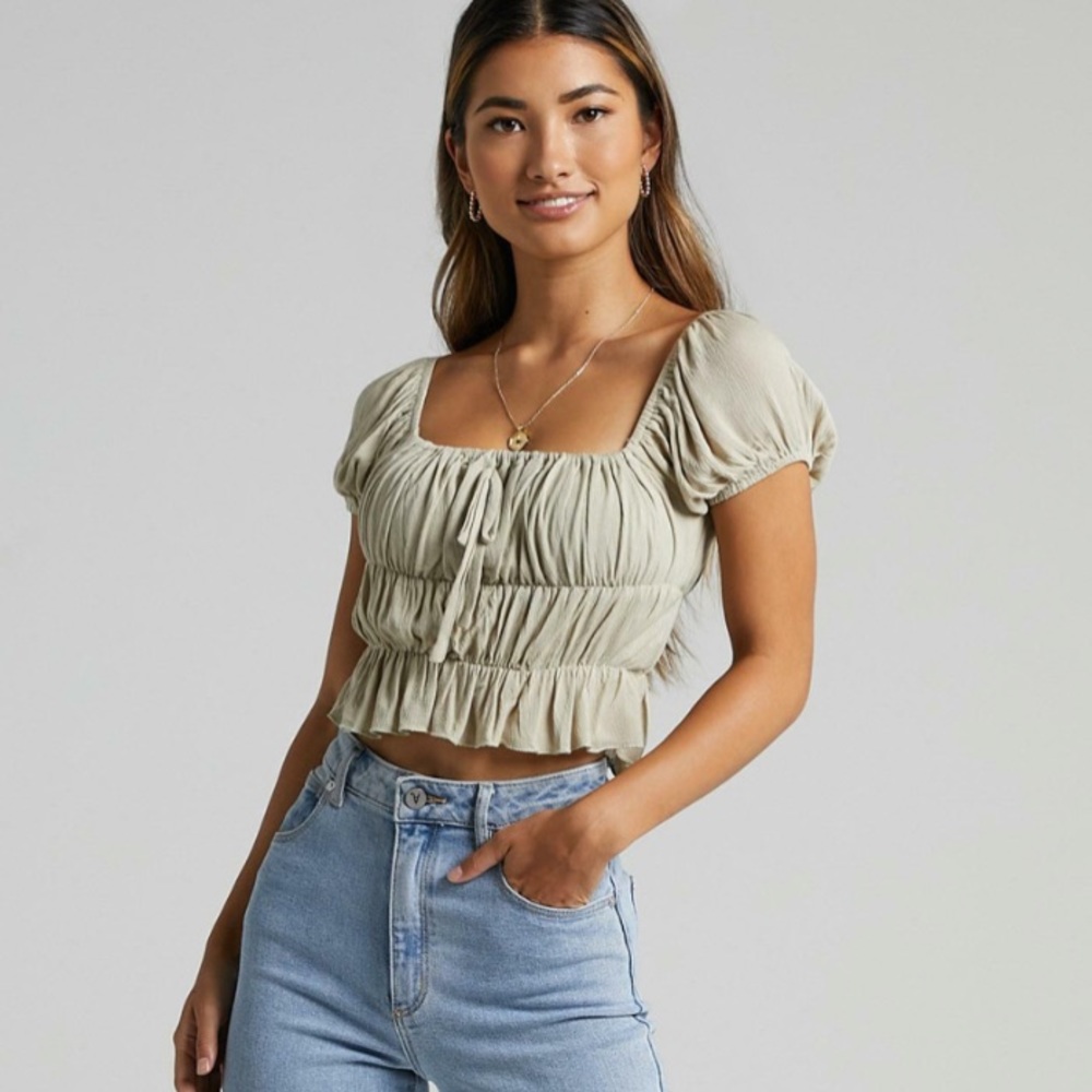 Ruched Crop Top in Khaki Green